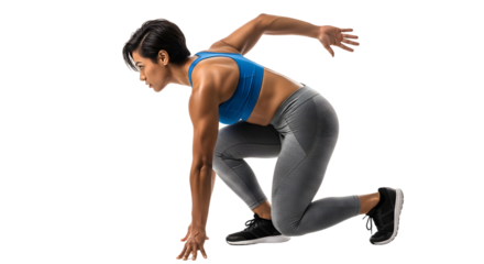 Athletic woman in sportswear crouching in a sprint starting position isolated on white, fitness and workout concept, perfect for sports or exercise promotions