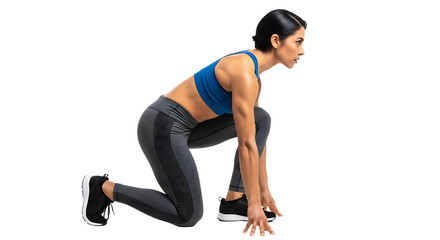 Athletic woman in blue sports bra and black leggings in starting position ready for sprint running, isolated on black background, perfect for fitness and sports themes