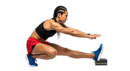 Athletic woman performing a deep pistol squat stretch, fitness exercise for balance and strength training, isolated on white background, perfect for sports and wellness content
