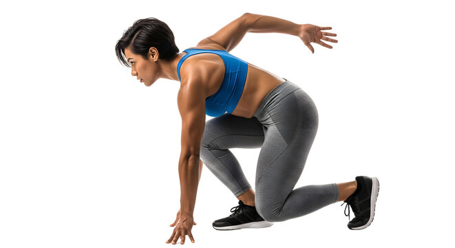 Athletic woman in sportswear crouching in a sprint starting position isolated on white, fitness and workout concept, perfect for sports or exercise promotions