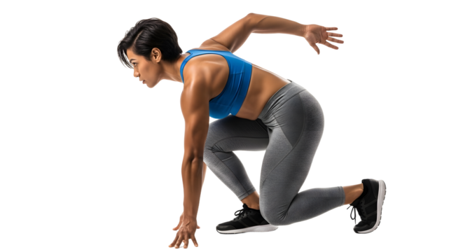 Athletic woman in sportswear crouching in a sprint starting position isolated on white, fitness and workout concept, perfect for sports or exercise promotions - Powered by Adobe