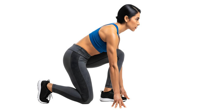 Athletic woman in blue sports bra and black leggings in starting position ready for sprint running, isolated on black background, perfect for fitness and sports themes