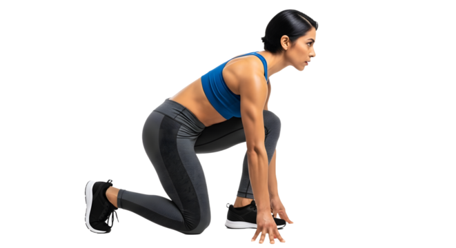 Athletic woman in blue sports bra and black leggings in starting position ready for sprint running, isolated on black background, perfect for fitness and sports themes