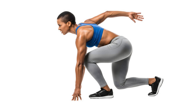 Athletic woman in starting position for running or sprinting isolated on white background, perfect for fitness and sports conception