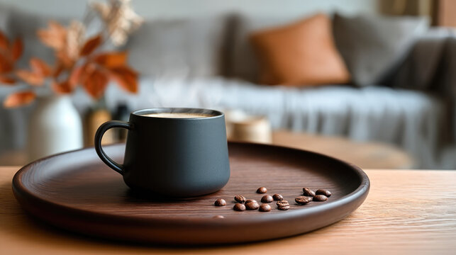 Matte charcoal ceramic coffee mug with frothy drink on wooden tray, coffee beans, cozy living room background, warm autumn mood - Powered by Adobe