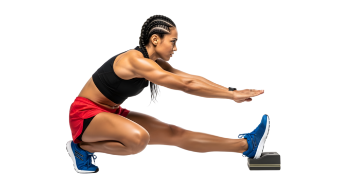 Athletic woman performing a deep pistol squat stretch, fitness exercise for balance and strength training, isolated on white background, perfect for sports and wellness content