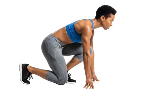 Athletic woman in starting position ready to sprint isolated on black background, perfect for fitness or sports themes