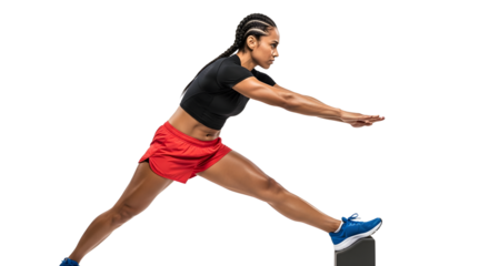 Athletic woman stretching leg on step platform in sportswear preparing for workout or exercise, fitness training concept