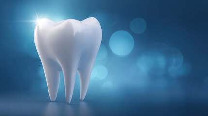 Shiny white tooth model on blue background with glitter, dental care and oral hygiene concept