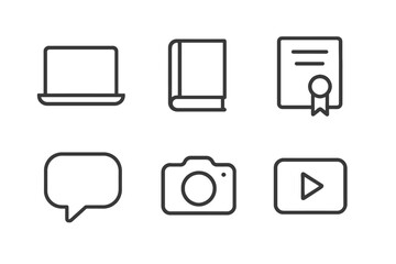 Minimalist icons of laptop, book, certificate, chat, camera, and video play button