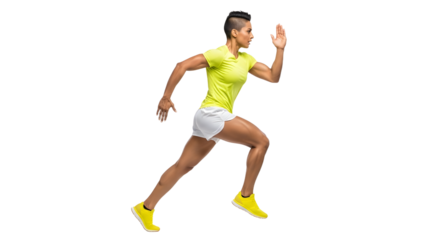Athletic young man running fast in yellow sportswear isolated on white, fitness and exercise concept, perfect for sports and health-related projects