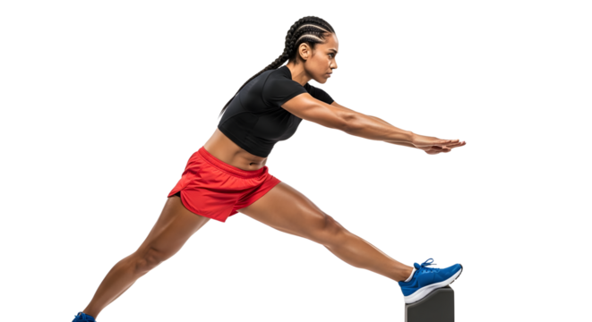 Athletic woman stretching leg on step platform in sportswear preparing for workout or exercise, fitness training concept - Powered by Adobe