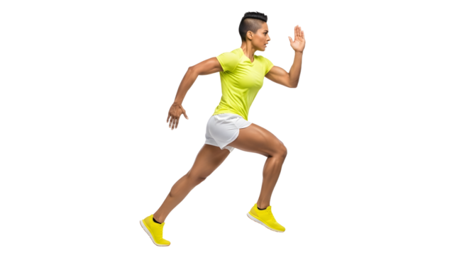 Athletic young man running fast in yellow sportswear isolated on white, fitness and exercise concept, perfect for sports and health-related projects