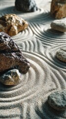 Zen garden with smooth sand patterns and arranged stones in natural daylight ideal for relaxation visuals, mindfulness concepts and spa design imagery