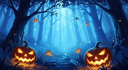 Enchanted halloween forest a spooky scene with glowing pumpkins, silhouetted trees, and a mysterious blue glow, perfect for halloween backgrounds