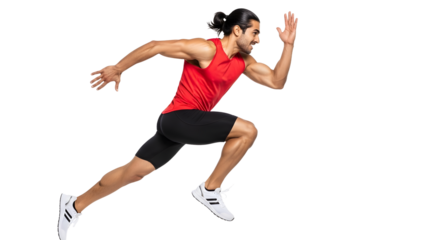 Male athlete sprinting in red tank top and black shorts isolated on white background, running fast, fitness and sports concept