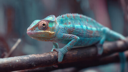 Obraz premium A colorful chameleon on a branch in the jungle, a side view of the exotic reptile with bright blue and orange scales