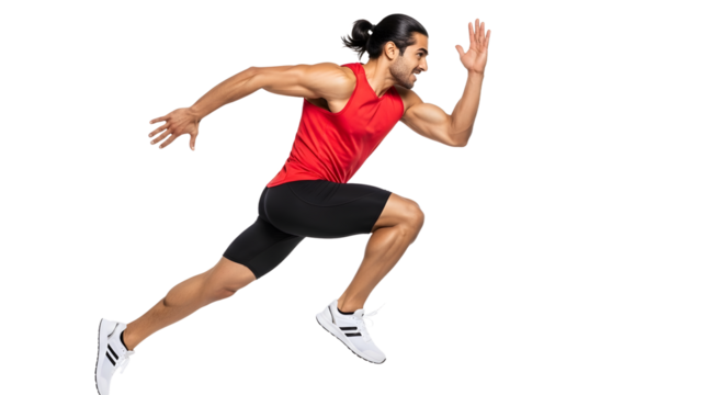 Male athlete sprinting in red tank top and black shorts isolated on white background, running fast, fitness and sports concept