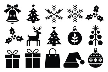 A collection of festive Christmas icons including trees, gifts, and snowflakes.