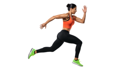Young athletic woman running in mid-air wearing black leggings and orange sports bra, fitness and workout concept, perfect for sports and exercise themes