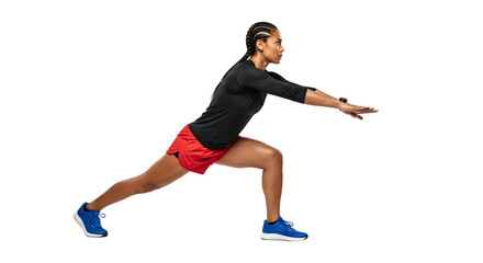 Young athletic woman in workout clothes doing a lunge stretch exercise, fitness training, and warm-up workout, perfect for sports and health content