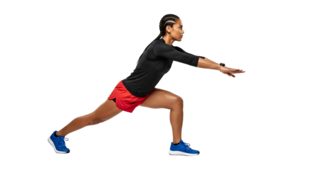 Young athletic woman in workout clothes doing a lunge stretch exercise, fitness training, and warm-up workout, perfect for sports and health content