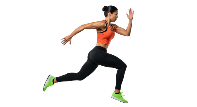 Young athletic woman running in mid-air wearing black leggings and orange sports bra, fitness and workout concept, perfect for sports and exercise themes