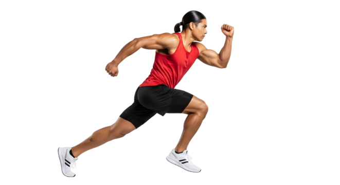 Young athletic woman in red tank top sprinting isolated on black background, fitness and running concept, perfect for sports and workout themes