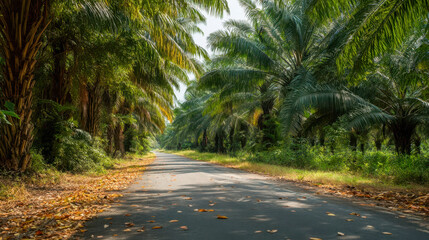 Obraz premium Empty country road surrounded by tropical palm trees, picturesque jungle landscape