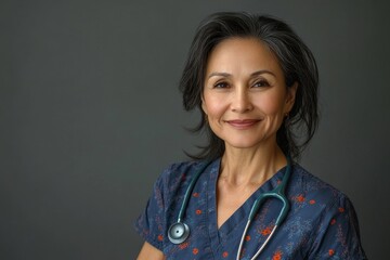 Portrait of a woman nurse with a smile, symbolizing professionalism and care in healthcare. The image conveys confidence and expertise, ideal for medical settings, Generative AI