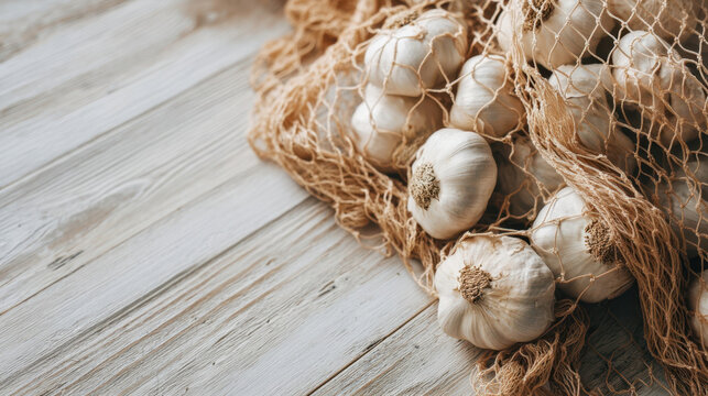 Organic garlic heads in a mesh bag on a whitewashed wooden table, fresh rustic cooking ingredient