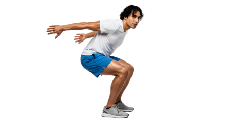 Young man performing a squat exercise wearing sportswear, fitness training, workout session, healthy lifestyle, perfect for fitness and exercise content