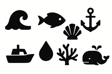 Obraz premium Marine silhouettes collection: wave, fish, anchor, whale, seashell, boat, coral, water drop