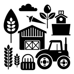 Collection of farm icons including barn tractor wheat and basket