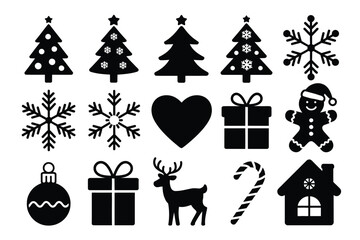 A collection of festive Christmas icons including trees, snowflakes, a gingerbread man, and a reindeer.