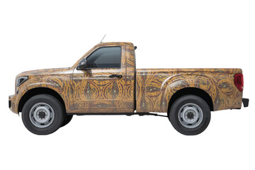 Pickup truck with custom tribal pattern wrap isolated on white background showcasing vehicle customization and design