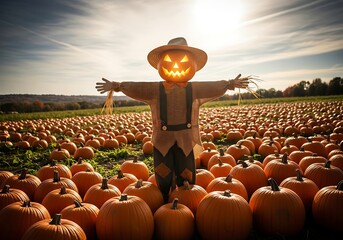 A scarecrow with a glowing pumpkin head stands in a pumpkin patch at sunset, creating a spooky and festive autumn scene for halloween celebration