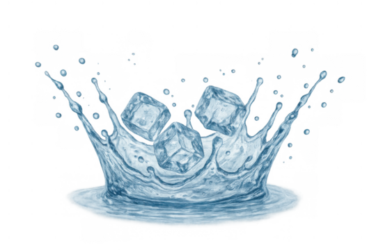 Ice cubes dropping into water creating a splash with liquid droplets, refreshing cool effect, transparent background