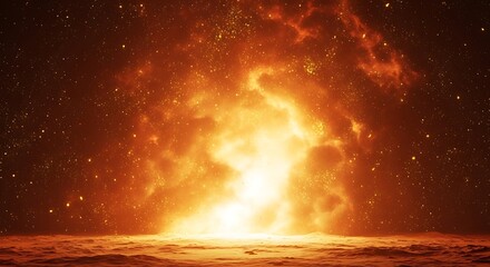 A mesmerizing cosmic explosion of vibrant orange and yellow light illuminates the darkness, creating a breathtaking celestial spectacle of energy