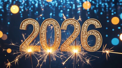 Golden 2026 numbers with sparklers and bokeh lights on dark background
