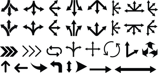 Way direction arrow sign icon set. three arrow, way sign, road direction icon vector. three-way direction arrow sign.Way pointer symbol. Turn arrow navigation sign. Traffic route vector illustration.