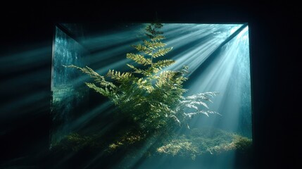 Sunlit Foliage's Embrace: An evergreen tree stands bathed in ethereal light, rays streaming through a geometric frame, creating a sense of wonder and tranquility. 