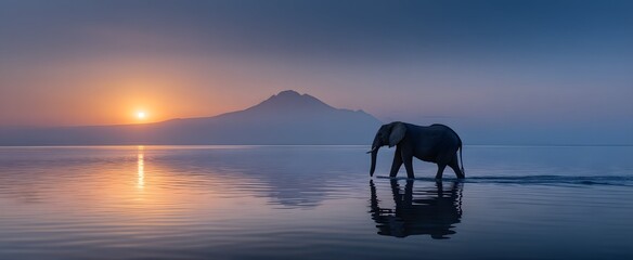 The elephant strides in shallow ocean waters at sunrise near a distant volcano.