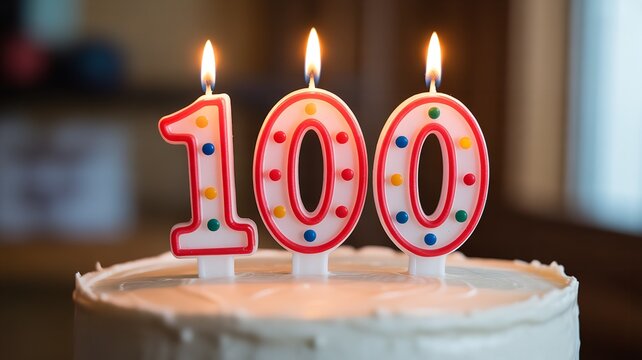 One hundredth birthday cake with lit candles