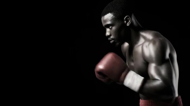 A male boxer in profile wearing red gloves and shorts stands in a fighting pose against a solid black background his muscular form highlighted by dramatic side lighting
