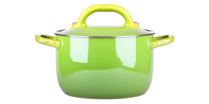 Shiny lime green saucepan with yellow handles