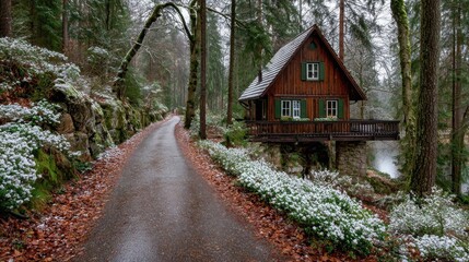 Secluded woodland cabin retreat. Cozy cottage by a serene river, surrounded by snow-kissed foliage and the tranquil embrace of the forest.