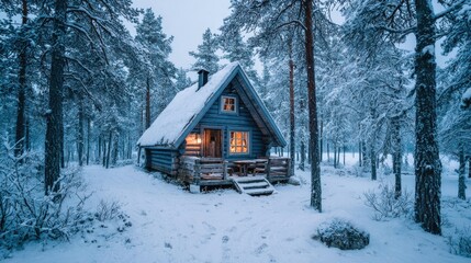 Cozy cabin nestled in a snowy forest: A peaceful winter retreat. Cabin glows warmly, surrounded by snow-covered trees, inviting tranquility.