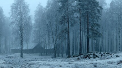 Icy Forest Cabin: A serene winter scene with frost-covered trees surrounding a cozy log cabin, creating a peaceful, secluded atmosphere.