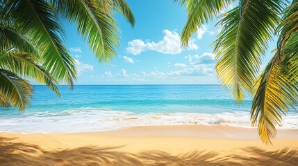 Fototapeta premium Experience a stunning tropical beach with turquoise waters, swaying palm trees, and soft golden sand, perfect for relaxation.